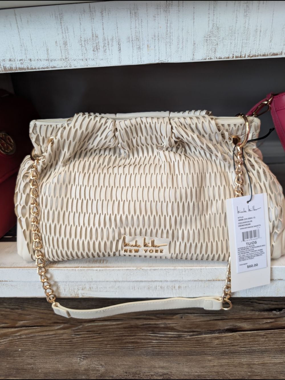 Nicole Miller Cream Textured Chain-Handle Shoulder Bag